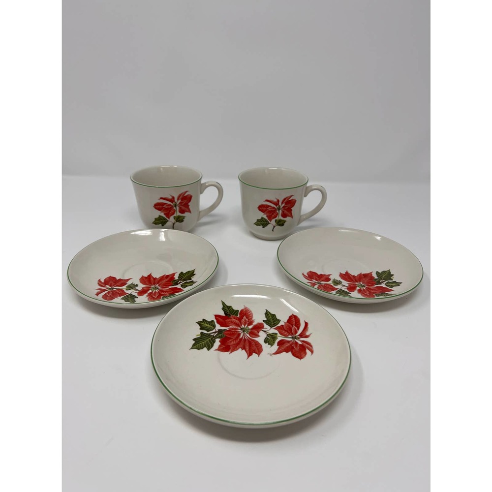 Cuthbertson Poinsettia Made in England 3 Saucer 5 1/2" 2 Coffee Cups 3" Tall